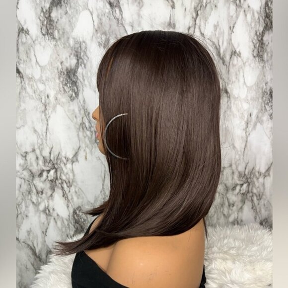 16 In Short Bob Chocolate Brown  Straight Soft Beautiful Wig with Bangs - Picture 4 of 9